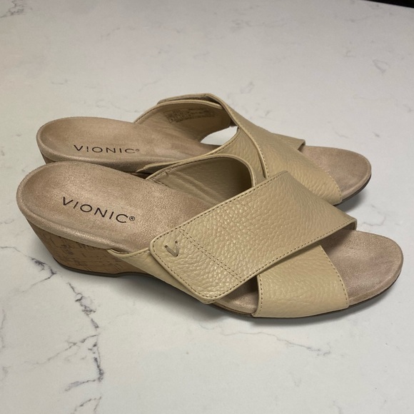 Vionic Beige Cross-Strap Wedges
